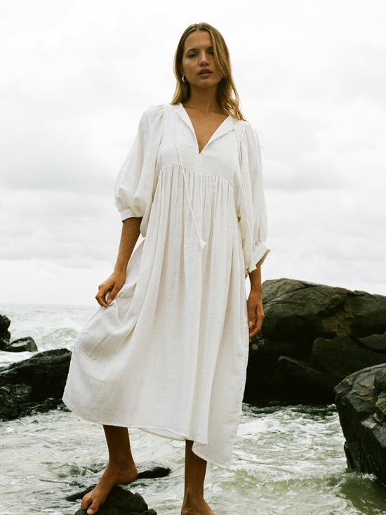 Daughters of India Dresses & Skirts - Daughters Of India Kyra Ivory White Puff Sleeve Boho Flowy Midi Dress Size Large